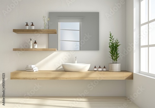 A modern bathroom with floating shelves made of light wood  white walls and a minimalistic mirror above the sink