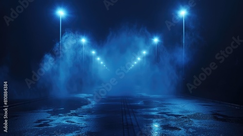 Brightly lit street lamps in the fog ,Show on stage , City at night ,Spotlights on blue background ,reflection of neon lights, a searchlight, smoke. Abstract light in a dark empty street with smoke © Sana