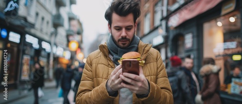 This is a portrait of a handsome young man wearing casual clothes  using the smartphone  and eating a hamburger on the street. He represents a manager in a big city  communicating with people online