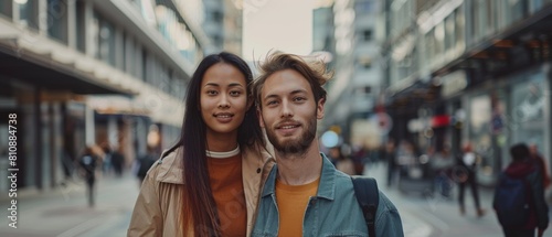 This image depicts a young stylish multiethnic couple standing on a street in a big city. There is an attractive Japanese woman seated beside a handsome Caucasian man who is taking in the scenery.