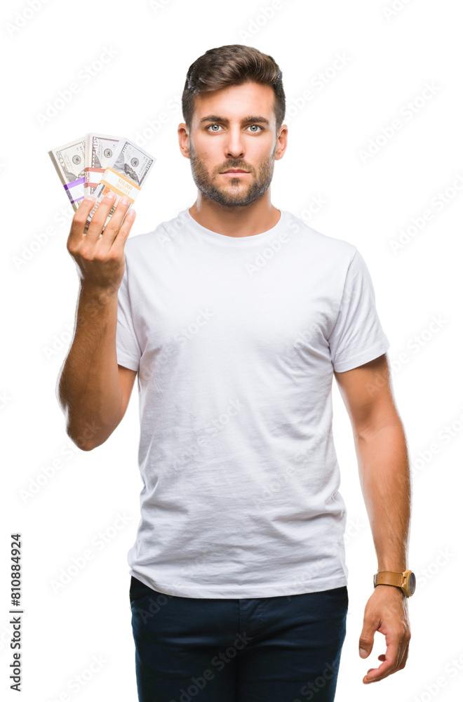 Young handsome man holding stack of dollars over isolated background with a confident expression on smart face thinking serious Young handsome man holding stack of dollars over isolated background with a confident expression on smart face thinking serious