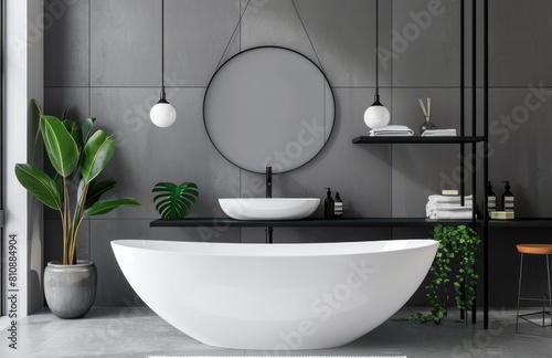 A modern bathroom with gray wall tiles  a white bathtub and a black shelf for accessories