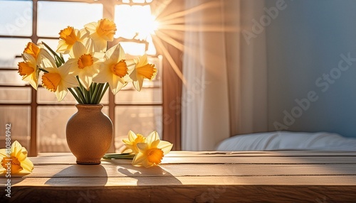tulips in vase, "Sunlit Serenity: Daffodil Bouquet in a Ceramic Vase"
