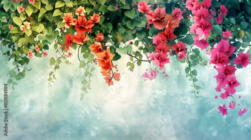 With a watercolor touch, Bougainvillea Leaves wallpaper features vibrant green foliage cascading down walls and trellises. Colorful blooms enhance its stunning natural display.