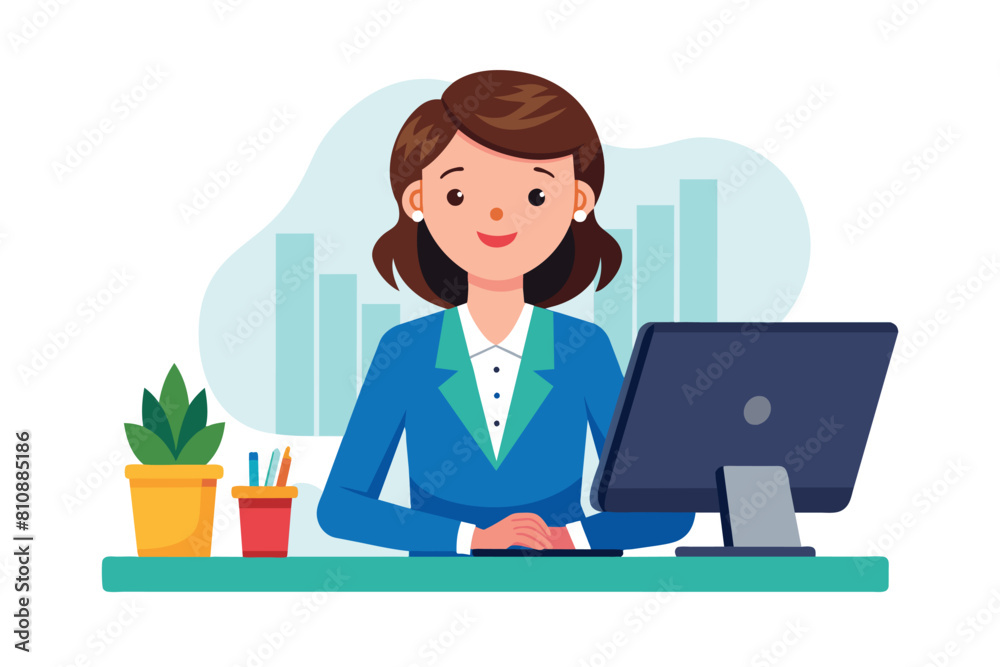 Businesswoman working at desk with green plant, AI generated Businesswoman working at desk with green plant, AI generated