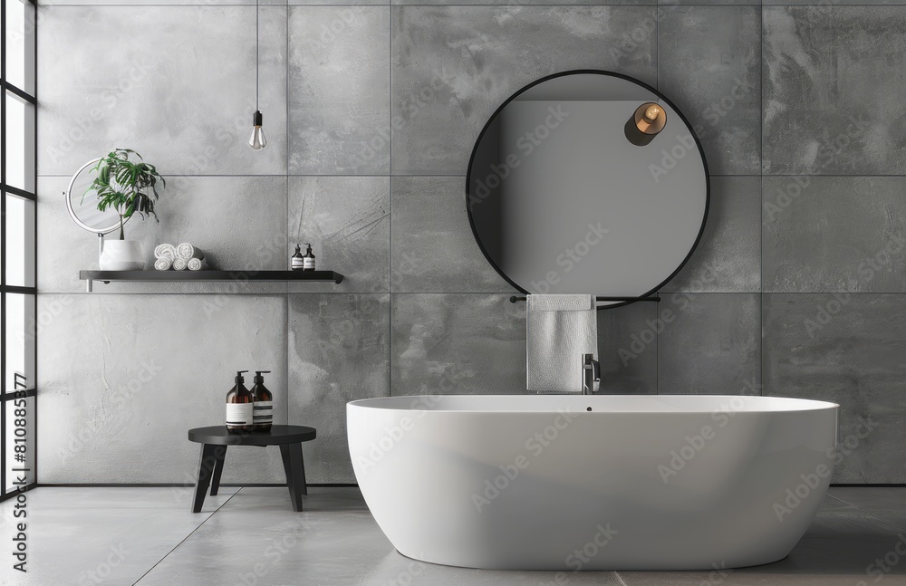 Fototapeta premium A modern bathroom with gray wall tiles, a white bathtub and a black shelf for accessories