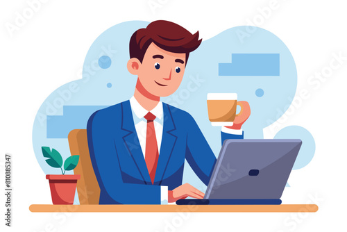 A businessman in a suit sitting at a desk holding a coffee cup. Ai generated
