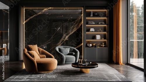 Home interior in black and golden colors.