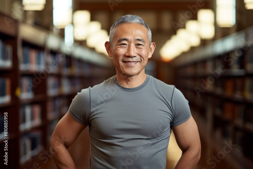 Portrait of a joyful asian man in his 60s donning a trendy cropped top in classic library interior