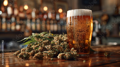 Illustration, a glass of beer and cannabic the counter of an old bar, an unusual picture. Cannabis on the bar counter. photo