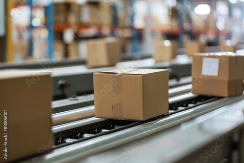 Close-up of many cardboard boxes moving smoothly along a conveyor belt © viktorbond