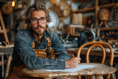 An artisan with glasses and apron is seated, drafting a design in a woodworking shop with tools in the background