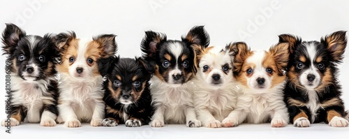 A group of chihuahua puppies sitting in a row on a white background. © WACHI
