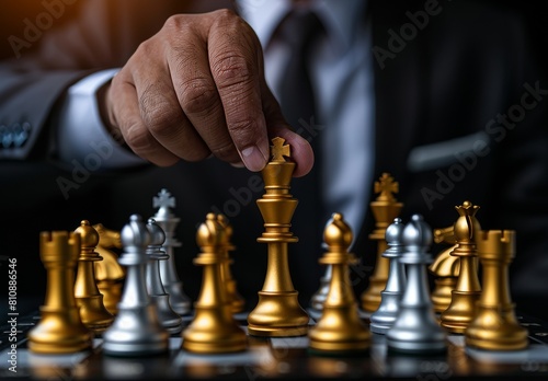 A businessman holds a golden king chess piece before a silver pawn on a chessboard, illustrating business strategy and leadership.
