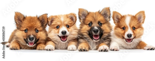 Four cute puppies Icelandic Sheepdog in a row on a white background