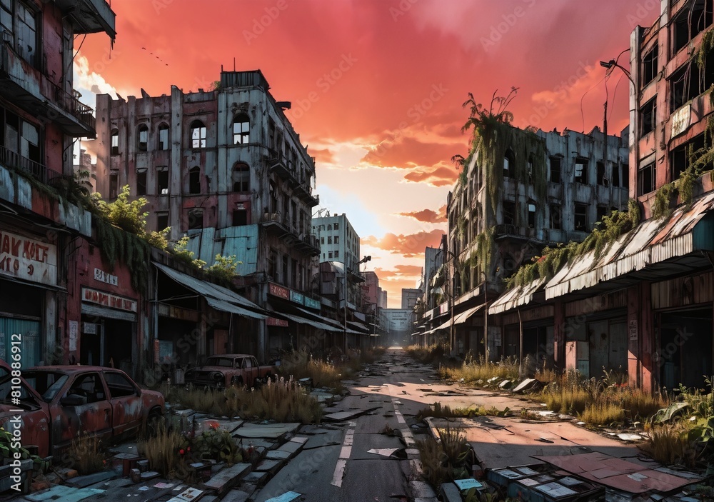 Post apocalyptic overgrowth on abandoned city during red sunset. Street view of buildings in cityscape covered in flowers and vegetation under crimson sky with clouds. Comic style.
