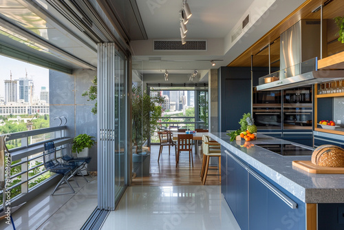 An urban-chic Tel Aviv kitchen, with Mediterranean blue accents, limestone countertops, sleek Israeli-designed chairs, and a balcony that captures the vibrant city life below.