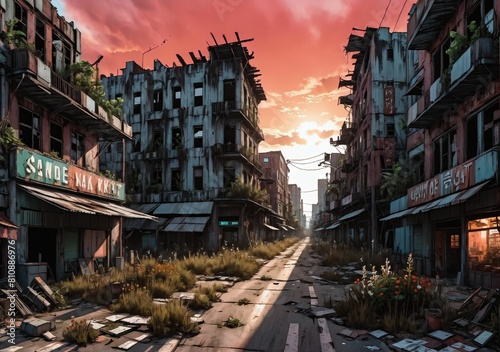 Post apocalyptic overgrowth on abandoned city during red sunset. Street view of buildings in cityscape covered in flowers and vegetation under crimson sky with clouds. Comic style.
 photo