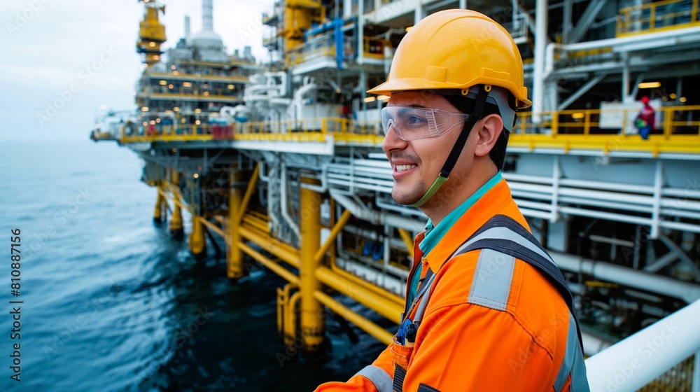 An engineer inspecting a pipeline network used to transport oil and gas from the platform to onshore facilities. Generative ai illustration. An engineer inspecting a pipeline network used to transport oil and gas from the platform to onshore facilities. Generative ai illustration.