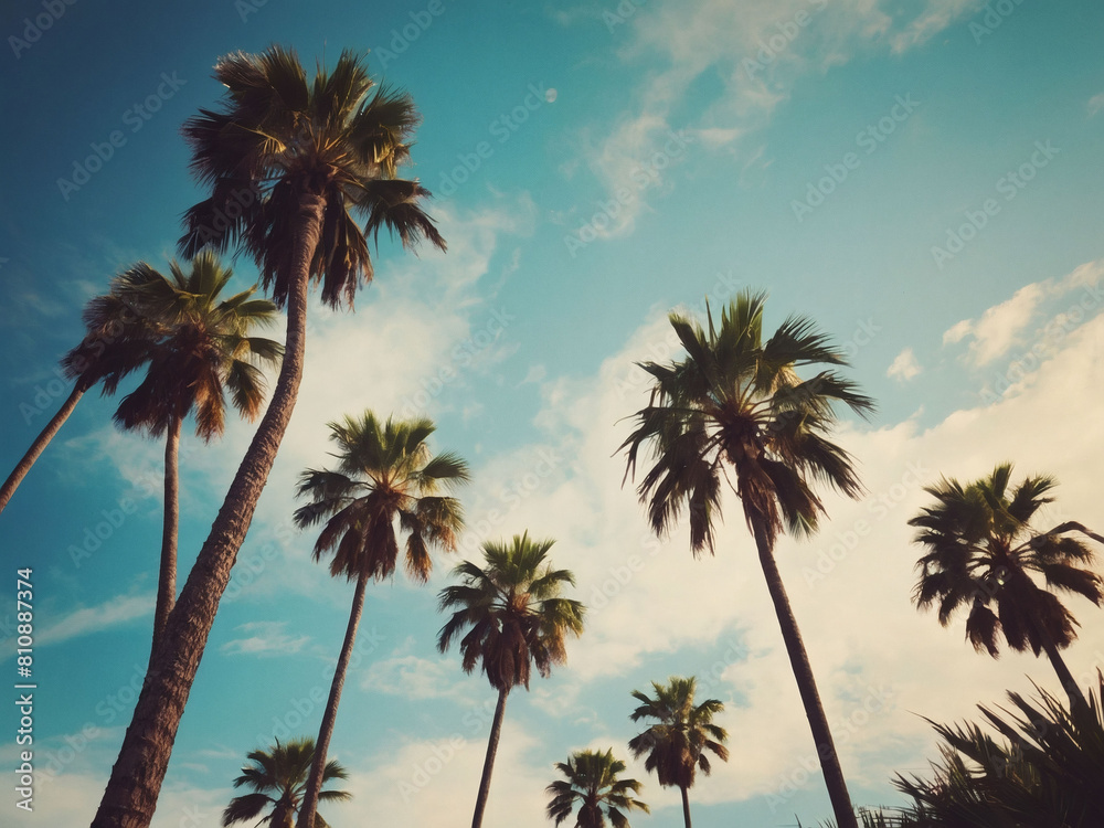 Dreamy Beach Scene, Palm Trees and Blue Sky from Below, Embracing Vintage Tropical Aesthetics
