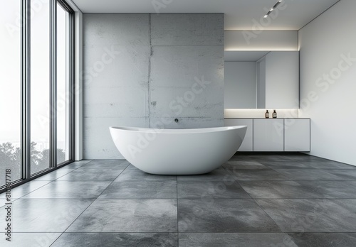 A modern bathroom with grey floor tiles  white walls and a large window. A freestanding bathtub is centered in the room