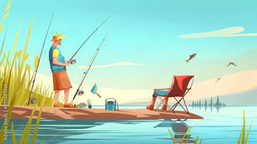 Fisherman. Cartoon person fishing. Characters catch fish with rods while standing on the shore generative ai
