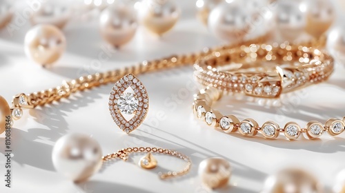 Sparkling gold jewelry displayed against a clean white surface, capturing the essence of timeless elegance and refinement.