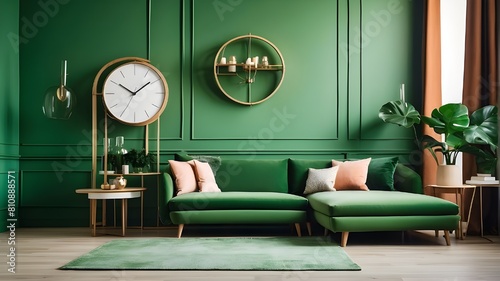 Elegant apartment with a chic living room including a white clock, elegantly arranged boxes, and tasteful shelf items. Green wood paneling. Modern home staging. Template. interior design.