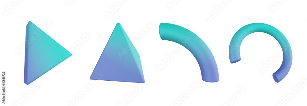 3d prism triangular, pyramid, quarter torus. Geometric shapes 3d set. Transparent background
