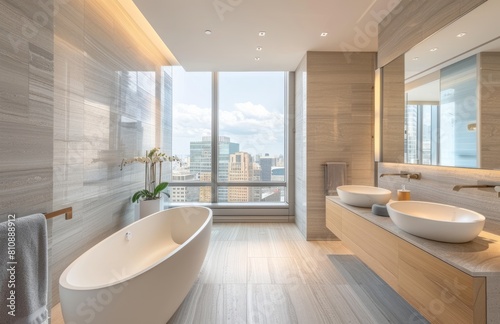 A modern bathroom with light wood and grey tiles  featuring an elegant freestanding bathtub