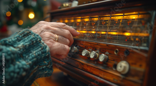 closeup of the hand turning on an old radio, with focus centered around it and the channel shifting button