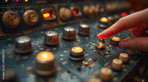 closeup of the hand turning on an old radio, with focus centered around it and the channel shifting button