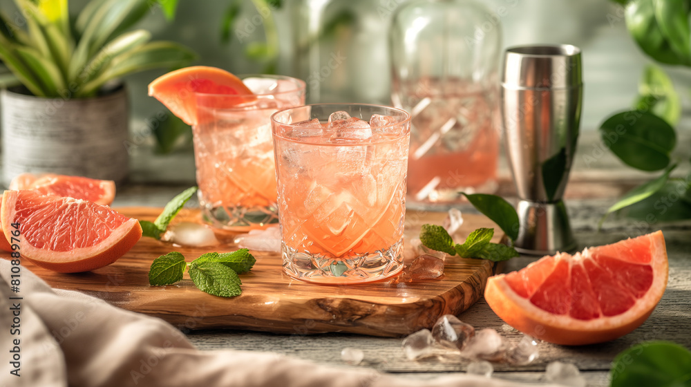 Pink grapefruit and rosemary gin cocktail served in prepared gin cocktail glass on a tropical beach bar