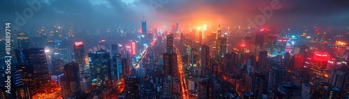 A bustling cityscape from a skyscrapers edge, blending darkness and neon lights to evoke the minds inner labyrinth, using CG 3D for surreal depth and distorted perspectives © 1000lnw