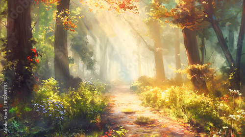 Dreamy surreal fantasy landscape  Lush vegetation and flowers  Mystical forest landscape with dreamy atmosphere