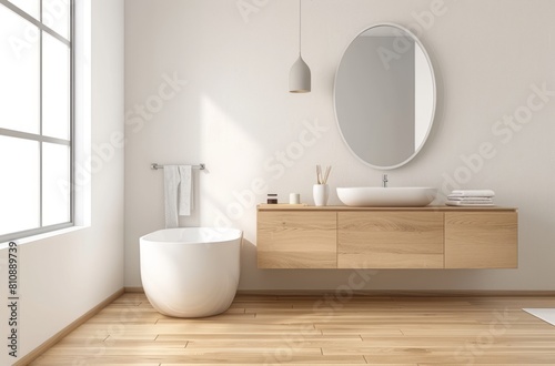 A modern bathroom with light wood cabinets  white walls and an oval mirror hanging on the wall. The cabinet is placed under the sink