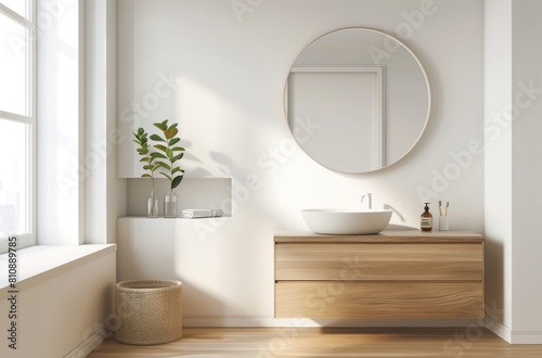 A modern bathroom with light wood cabinets  white walls and an oval mirror hanging on the wall. The cabinet is placed under the sink