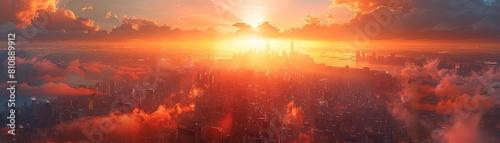 A wide-angle view of a utopian cityscape at sunset