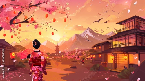 Asian woman with fan in hands standing in landscape of mountain village with old typical houses and lanterns hanging on blossoming sakura trees. Ancient Japan cartoon illustration.
