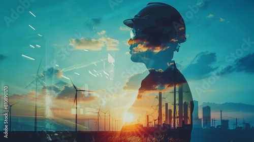 The engineer of the future, looking at the sunset over the industrial landscape.