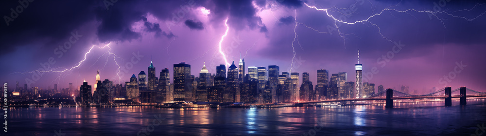 Nighttime Thunderstorm Across City Skyline