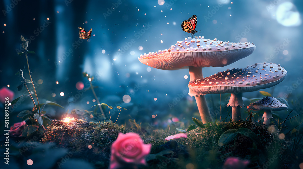 Magical fantasy mushrooms and butterfly in enchanted fairy tale dreamy ...