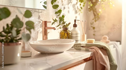 Sophisticated bathroom with a marble vanity, rose gold fixtures, and sage towels Natural light and eucalyptus branches create a rejuvenating setting