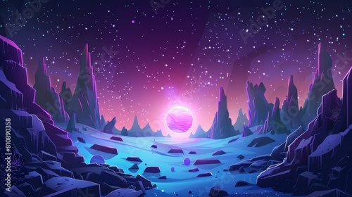 This futuristic, space-like landscape shows amazing features of the alien world such as ice stalagmites and rock formations. It is a cosmic background with glowing spheres in a dark cosmos. Cartoon © Mark