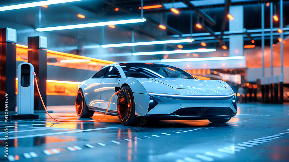 Obraz premium Futuristic electric car is connected to the EV charging station in the underground parking of the business center showroom. Technology and alternative energy concept