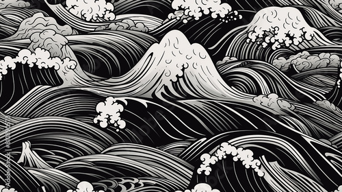 Seamless dynamic wave patterns in black and white, powerful, fluid motion of the sea. Ideal for marine themes, dramatic backgrounds, or textile designs. Conveys movement, energy of ocean waves. 
