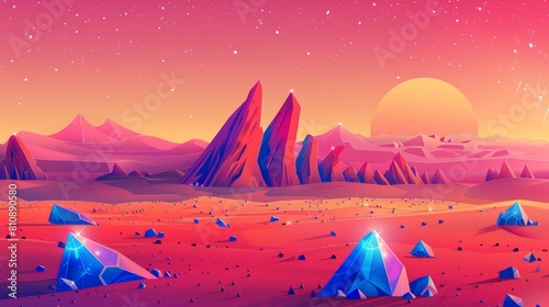 The landscape of Mars is characterized by a reddish desert surface with mountains, blue crystals and stars, and an ethereal pink sky. Martian space ground, environment backdrop for a game, cartoon photo