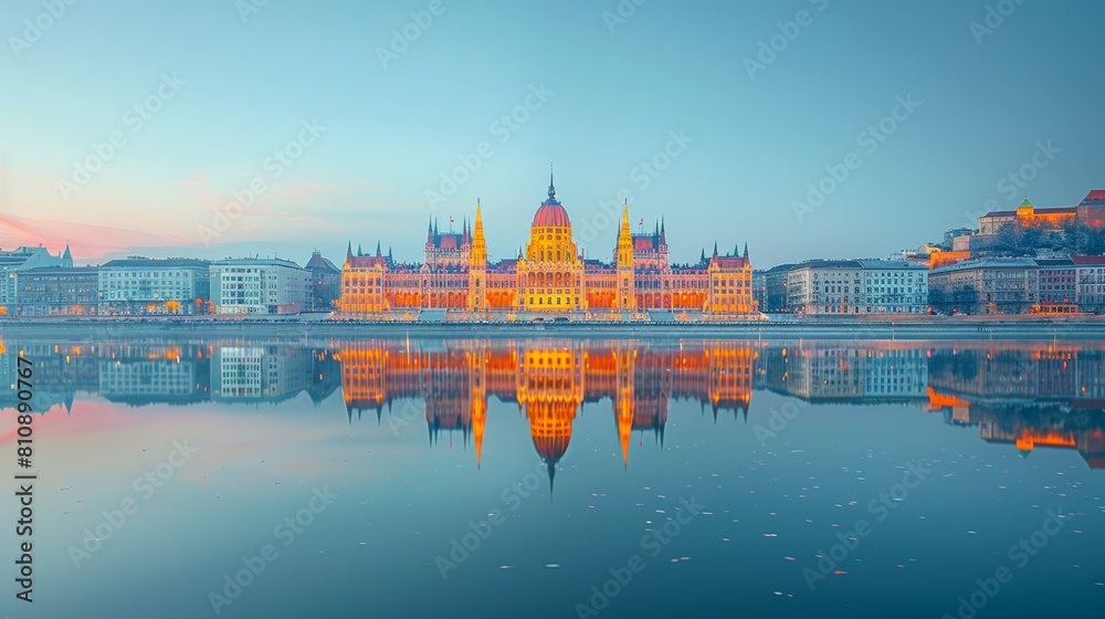 Naklejka premium Stunning Hungarian Parliament Building at Twilight With Perfect Reflection in Budapest