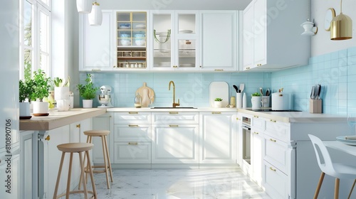Bright kitchen with white cabinets, brass handles, and light blue backsplash Vibrant stools and pastel decor complete the airy, harmonious vibe