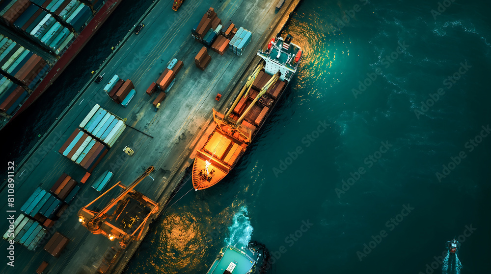 Aerial top view of container ship loading and unloading, Cargo container in deep seaport for the international order. Transportation and travel concept